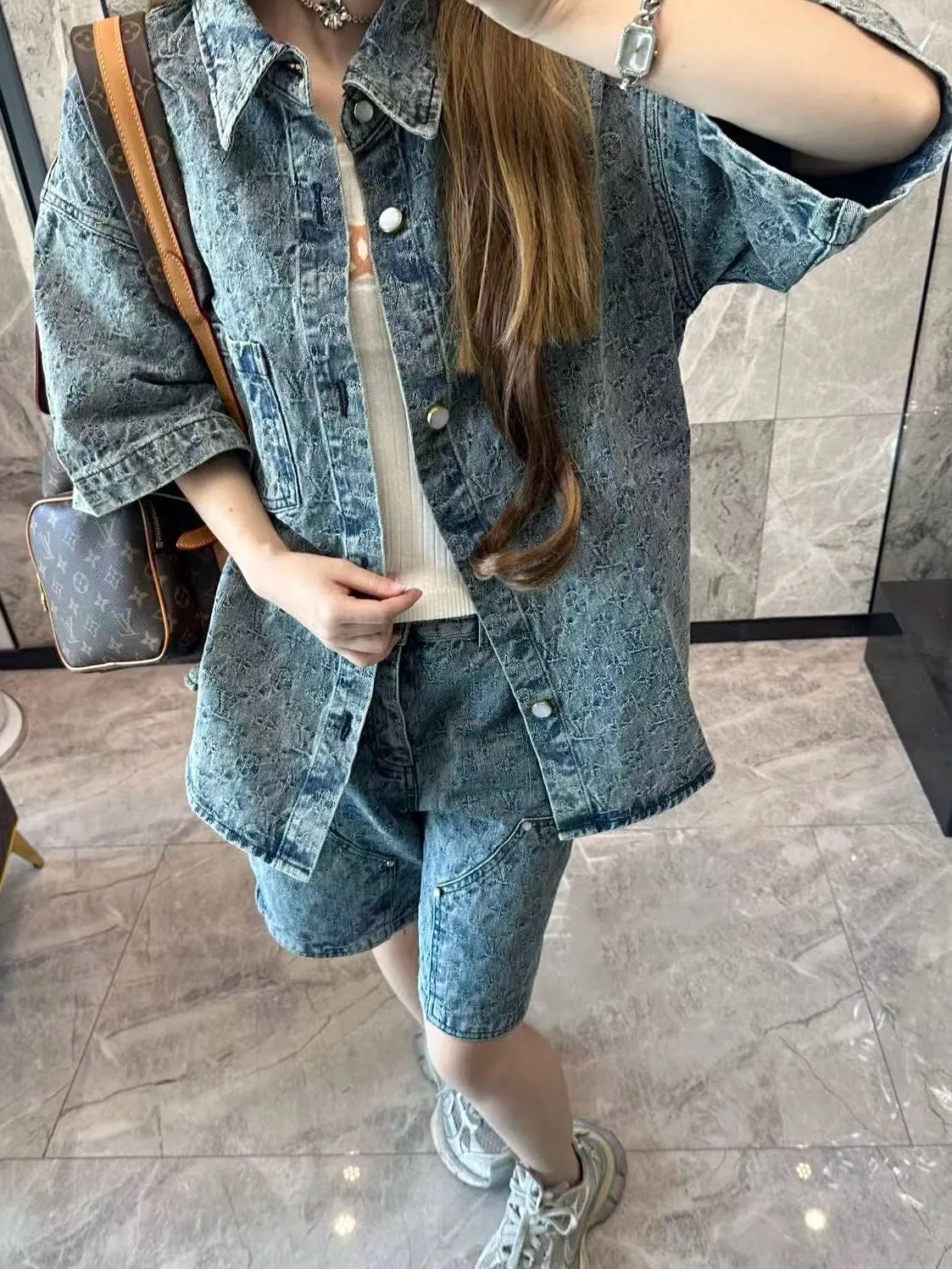 Louis Vuitton/Louis Vuitton 25ss all-over old flower jacquard suit denim short-sleeved shirt